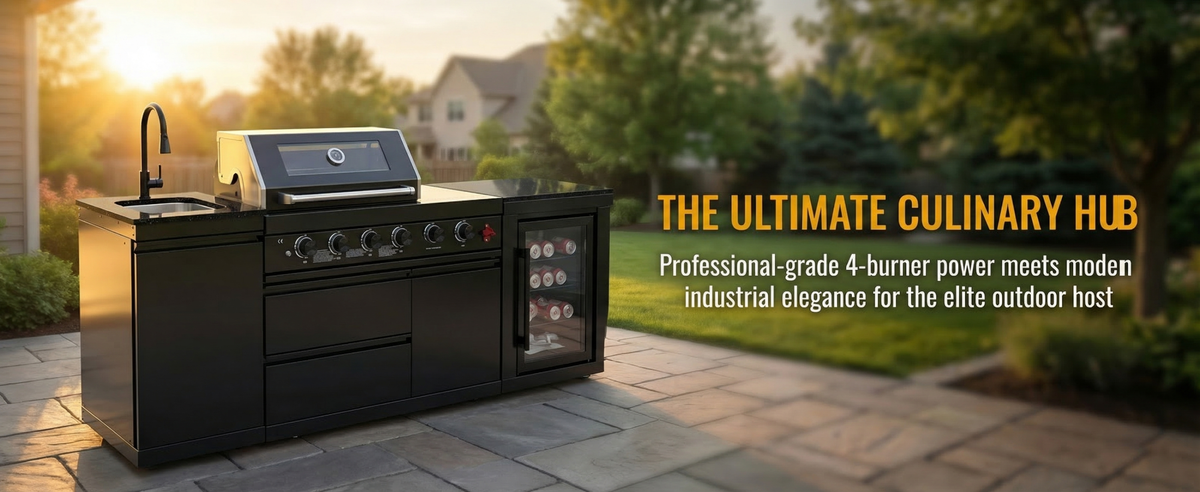 85" 4-Burner 72000 BTU Black Outdoor Kitchen Island Grill with Compact Refrigerator Marble Countertops Sink