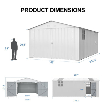 Outdoor Storage Shed 20x13 FT - Metal Garden Utility Shed with Ventilation - Silver