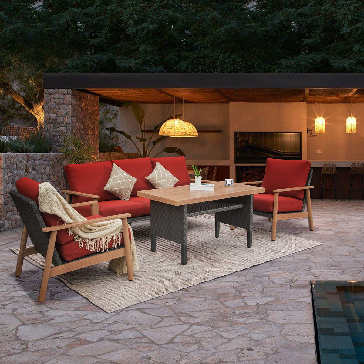 Outdoor Wicker Patio Furniture Set 4 Pieces with Aluminum Frame - Red