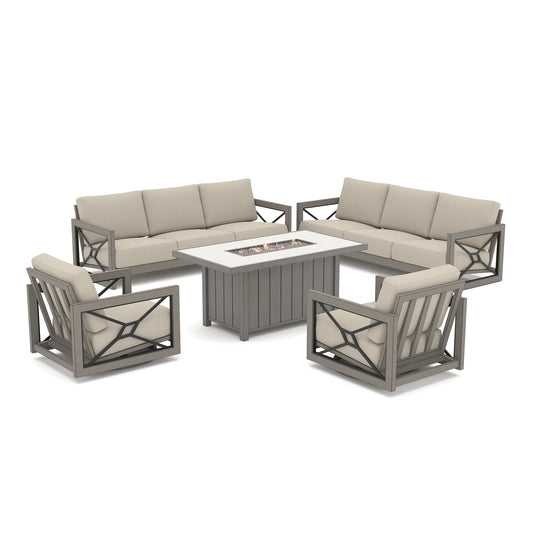 Marindo 8-Person Faux-Wood Aluminum Swivel Patio Outdoor Salon with Fire Pit Table