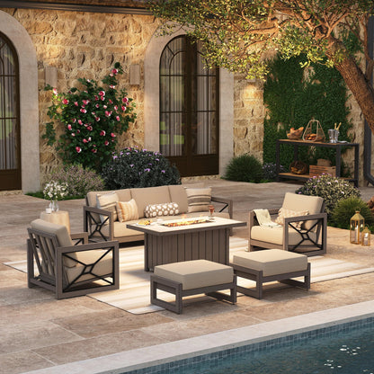 Marindo 6-Piece Faux-Wood Aluminum Patio Set with Fire Pit and Ottomans