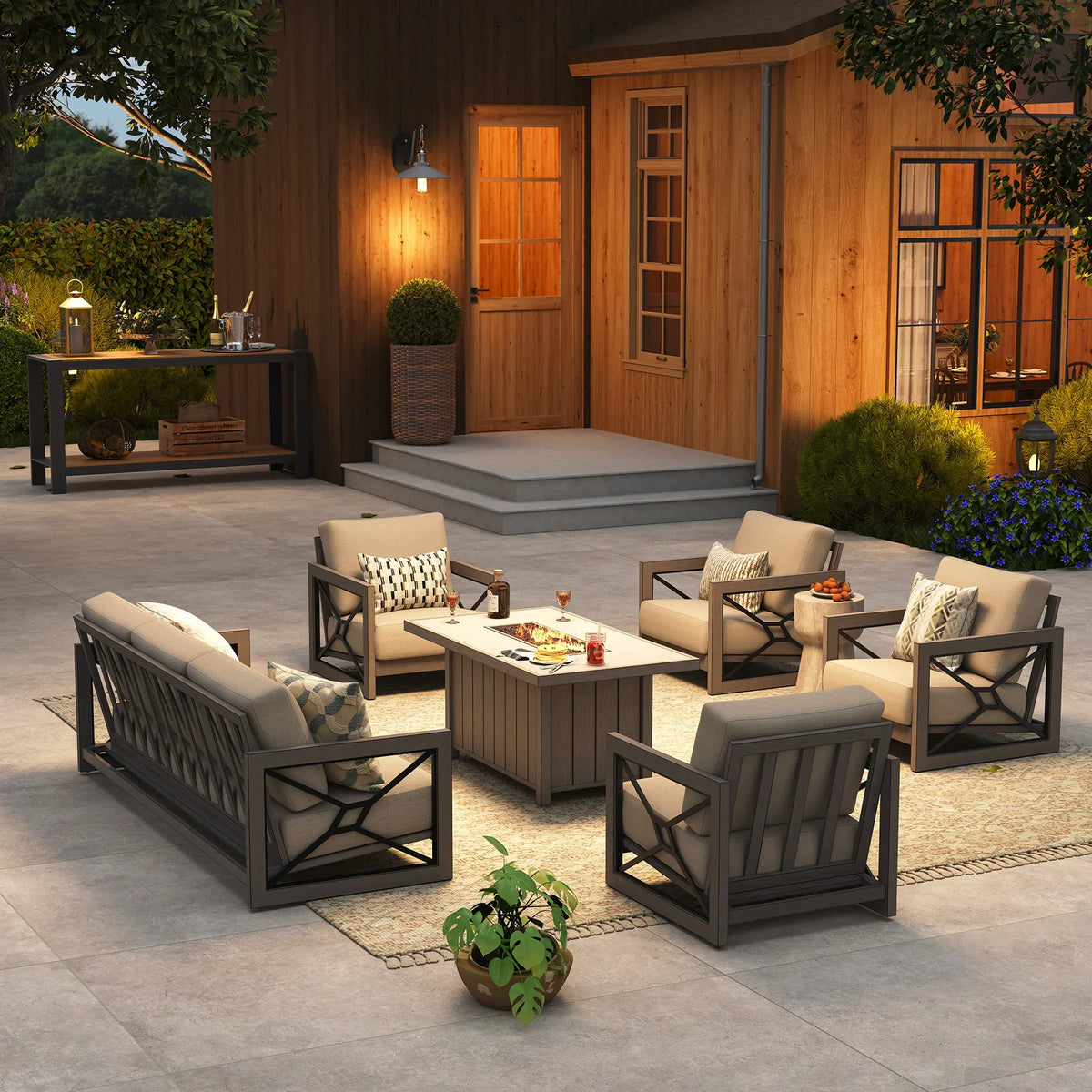 Marindo 6-Piece Faux-Wood Aluminum Patio Deep Seating Set with Fire Pit Table