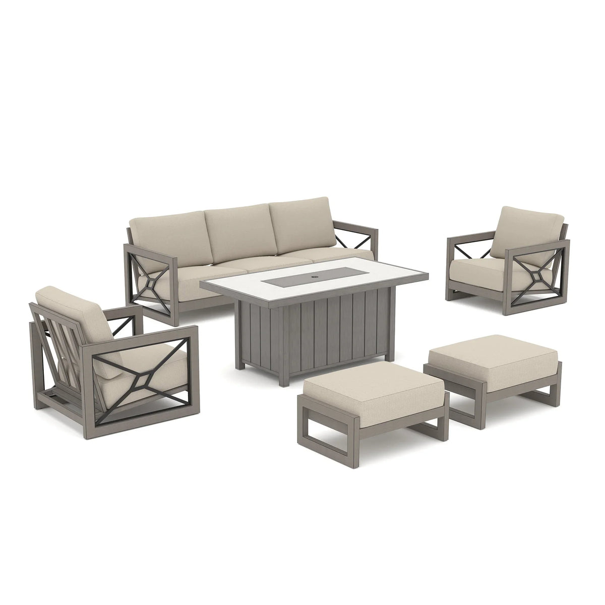 Marindo 6-Piece Faux-Wood Aluminum Patio Set with Fire Pit and Ottomans