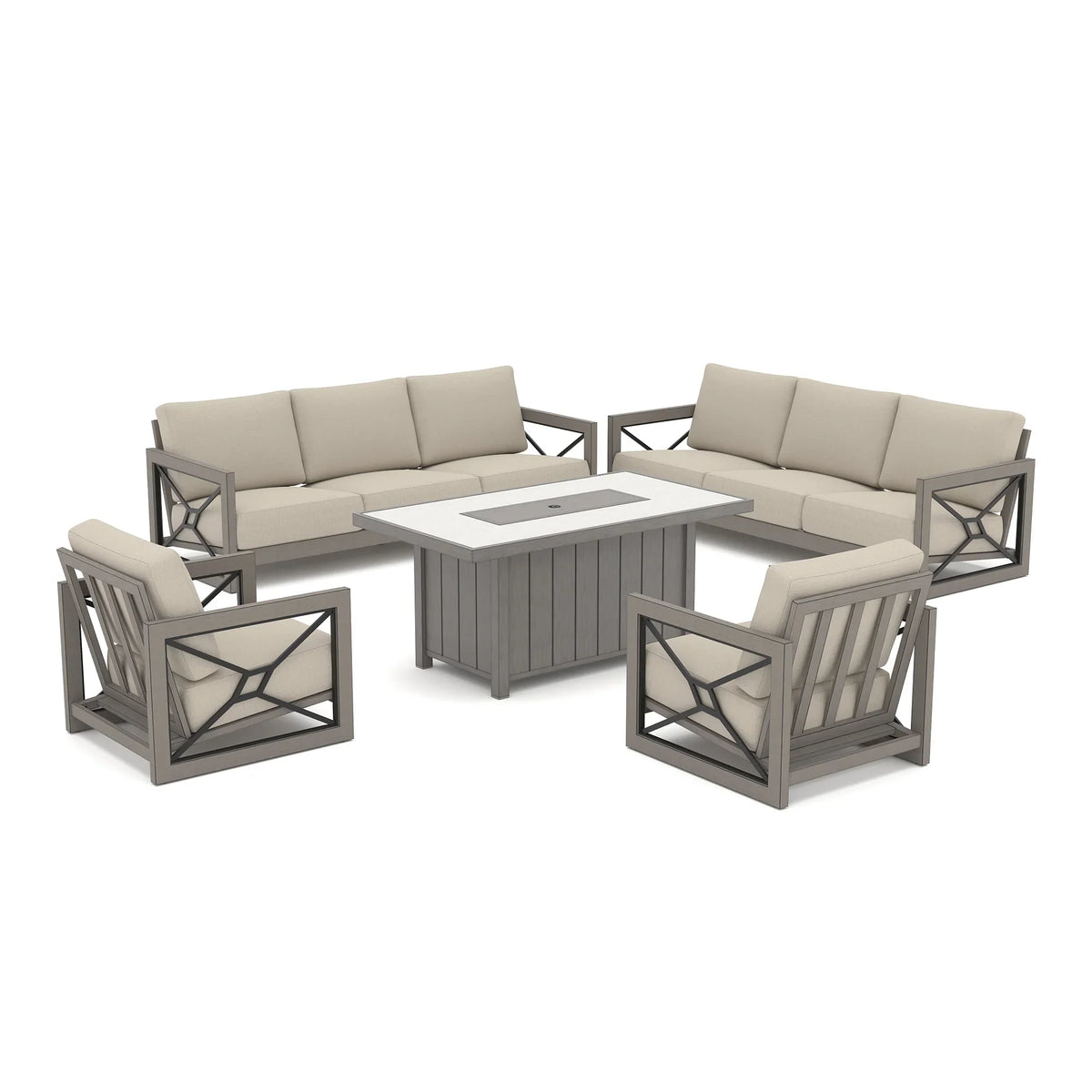 Marindo 8-Person Faux-Wood Aluminum Patio Outdoor Salon with Fire Pit Table