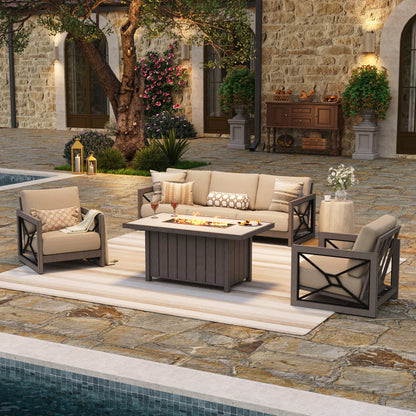 Marindo Luxury Aluminum Patio Conversation Set with Sunbrella® Fabric and Fire Pit Table