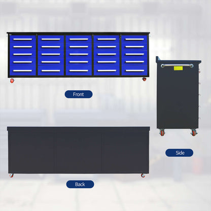 10ft 25-Drawer Storage Workbench with Wheels